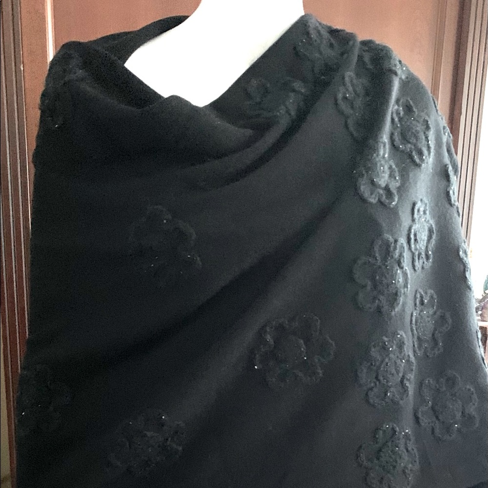 Black knit wrap shawl with black flower embroidery